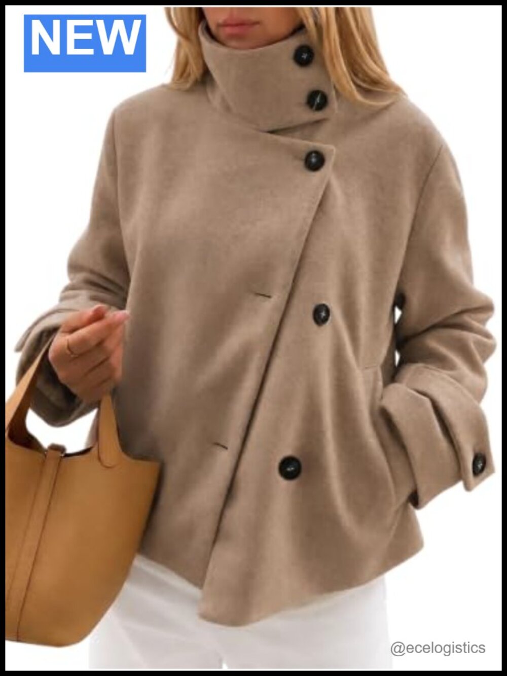 Women Cropped Wool Blend Pea Coat Button Down High Neck Short Winter Jacket